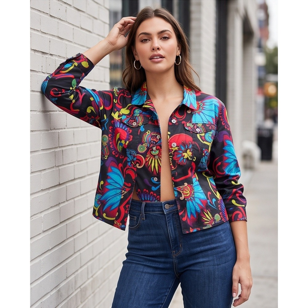 Chico's 3 Large Psychedelic Floral Button Front Shacket Jacket Multi-Color XL